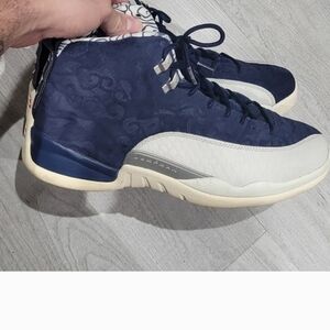 Air Jordan 12 Retro International Flight Suede White Navy Silver